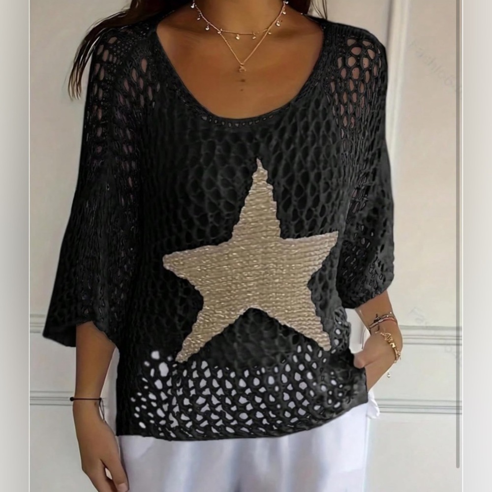 Hollow Out Crochet Sweater Star Crew Neck Pullovers 3/4 Sleeve Top